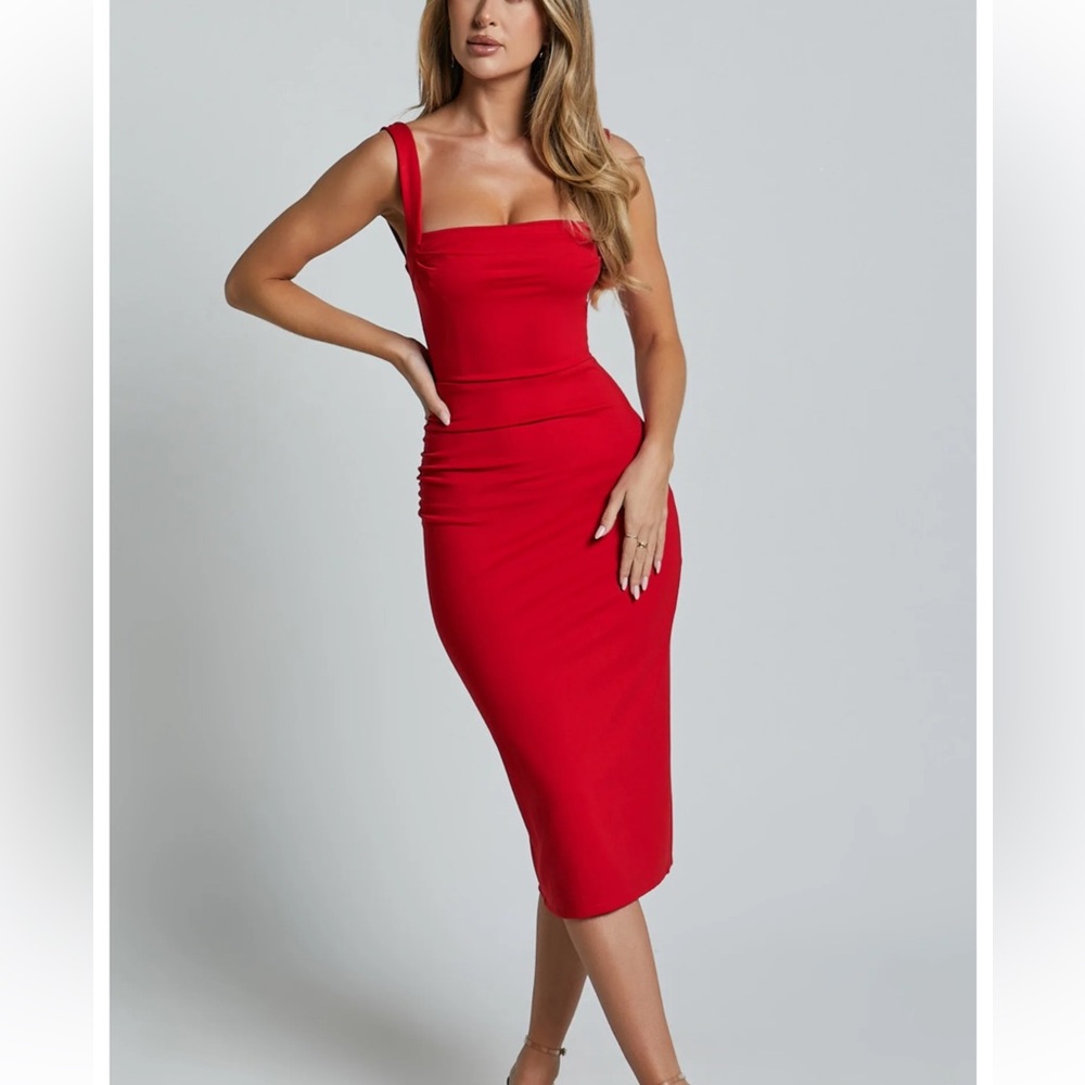 Showpo Tiffy Red Square-Neck ruched Bodycon Midi Dress size 4 New